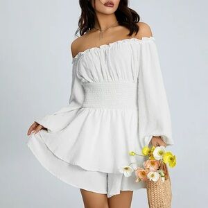 Off-Shoulder White Waist Synching Mini Ruffle Dress